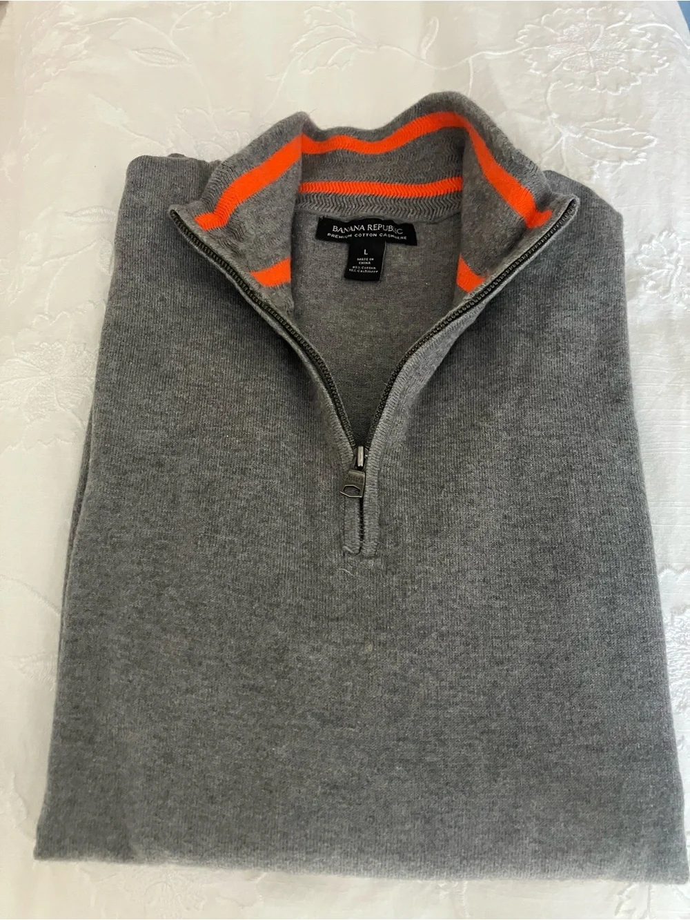 Banana Republic Men's Gray Half-Zip Sweater with Orange Collar Stripe
